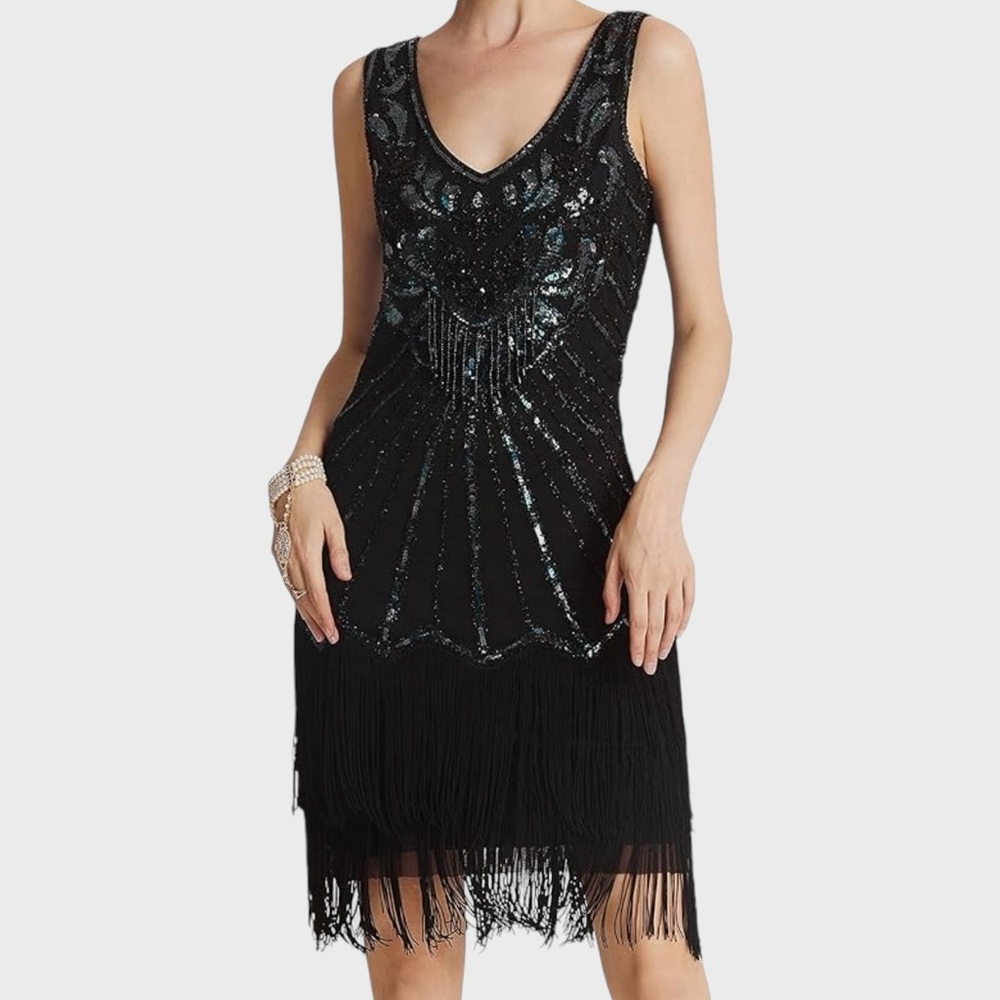 Babeyond Women's Black Beaded Fringed Flapper Dress Size L 1920s Great Gatsby